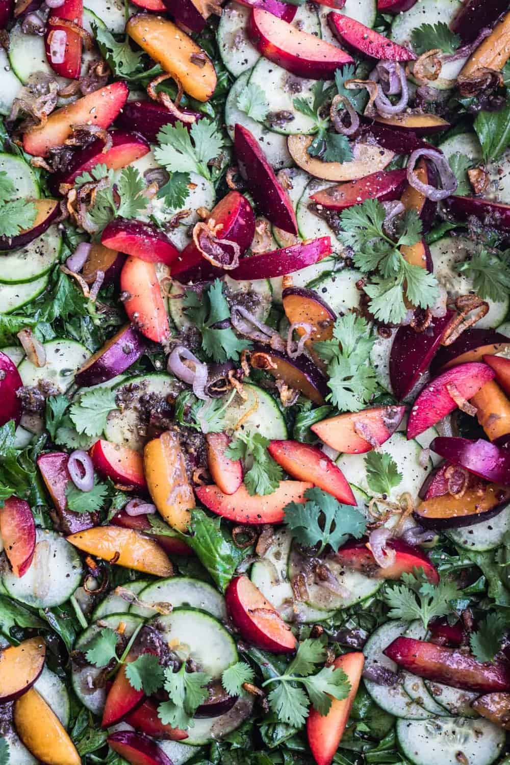 Plum & Cucumber Salad with Roasted Ginger Vinaigrette all done, topped with cilantro and crispy shallots.