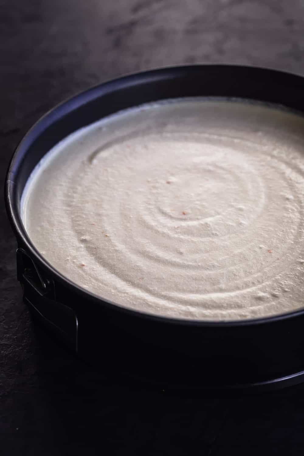 Mascarpone Cheesecake batter in the springform pan, pre oven.