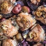Sheet Pan Chicken with Potatoes and Bread, post oven. Up close & overhead shot.