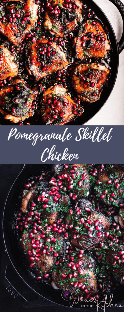 Pomegranate Chicken, out of the oven and all done, in a cast iron skillet on white background. Overhead shot with the left side cut off. On Top. | Pomegranate Skillet Chicken, out of the oven and all done, in a cast iron skillet on a black background. Overhead shot with the right side cut off. On the bottom.