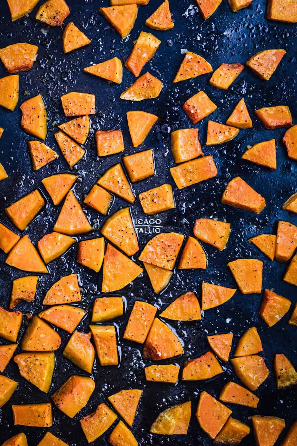 Roasted squash, on a baking sheet, post oven.