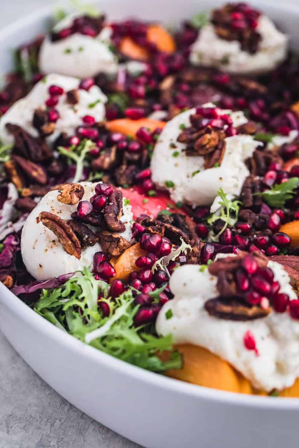 Frisee, radicchio, candied pecans, pears, pomegranates, persimmons, and burrata arranged on a serving plate. Side angle and up close shot.