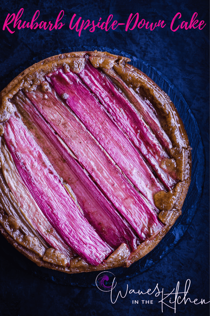 Rhubarb Upside-Down Cake Recipe out of the oven and all done, overhead shot.