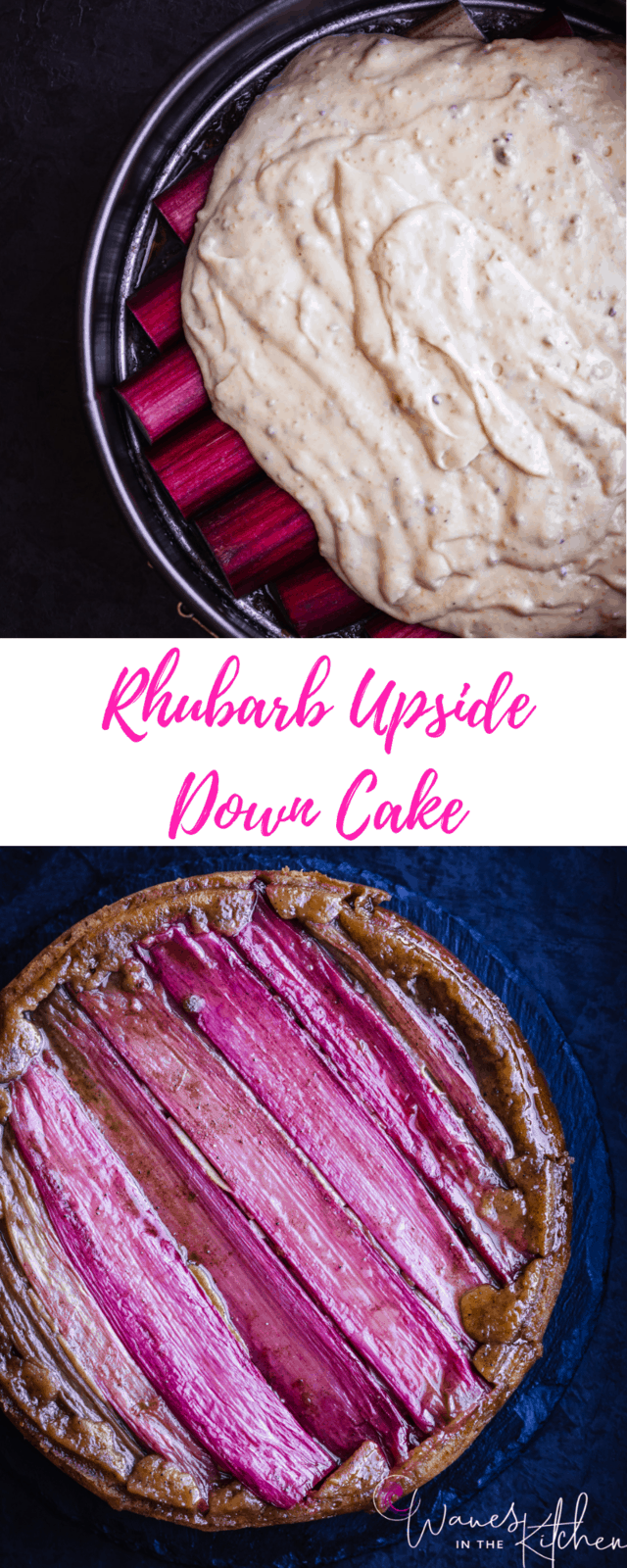 Cake batter being poured into the cake pan on top and the finished rhubarb upside-down cake on the bottom.