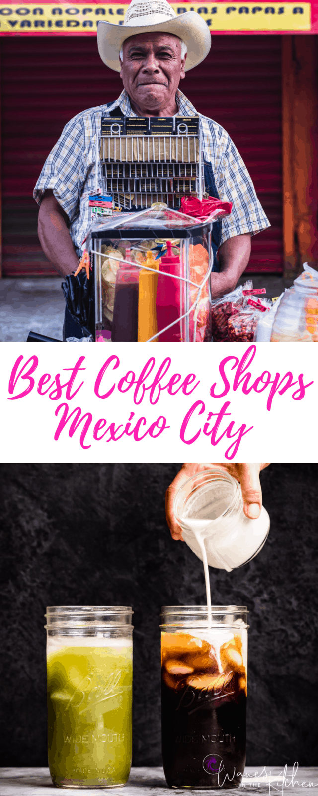 A man selling street food in Mexico City on top, me pouring cream into a cup of coffee on the bottom.