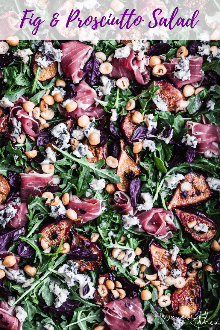 Caramelized Fig & Prosciutto Salad with hazelnuts, basil, blue cheese and arugula. Overhead shot. Up close.