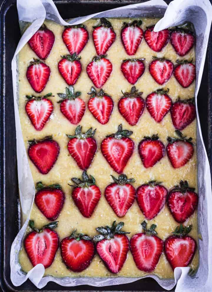 Up close, overhead shot of the strawberry snack cake, straight out of the oven.