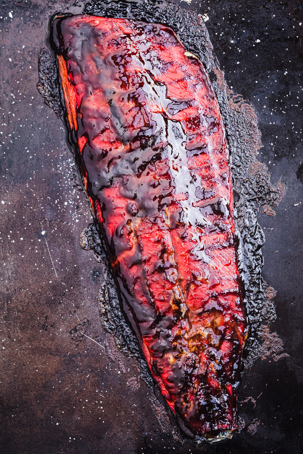 Post oven shot of the salsa negra salmon.