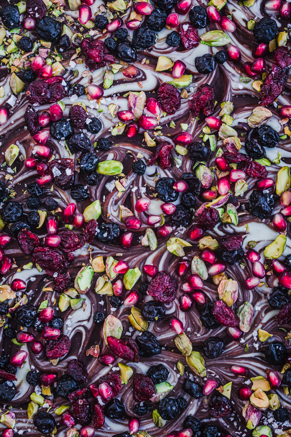 Dark chocolate bark with a white chocolate swirl, nuts, and dried fruit.