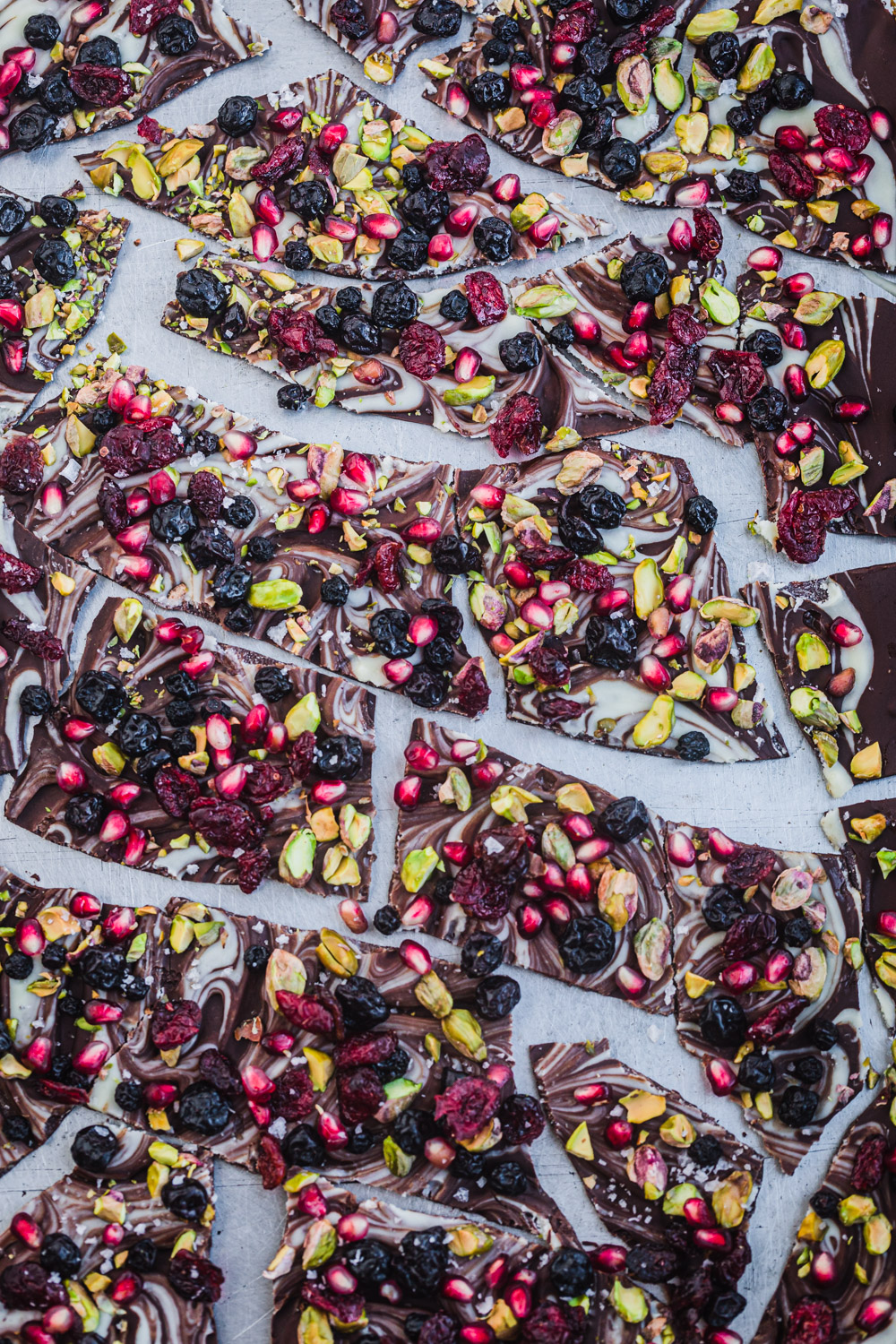 Chocolate bark broken into shards of all different shapes and sizes.