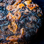 dried fig cake with caramel, brandy and cocoa powder, side and shot