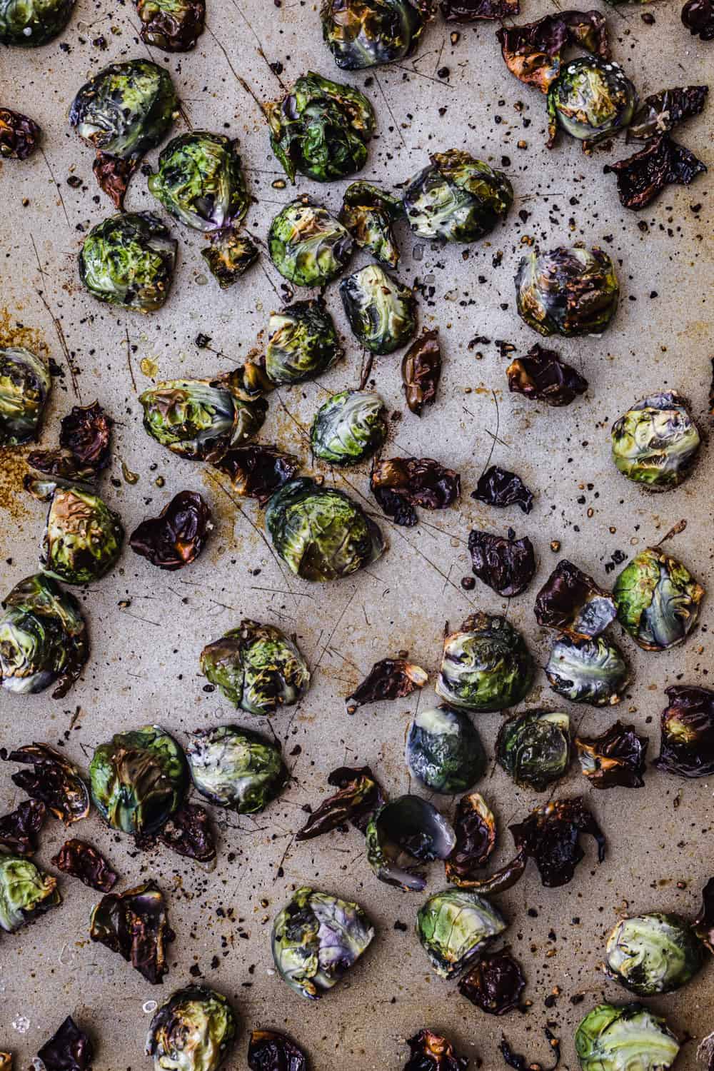 up close shot of brussel sprouts just out of the oven to be used in the farmers market salad