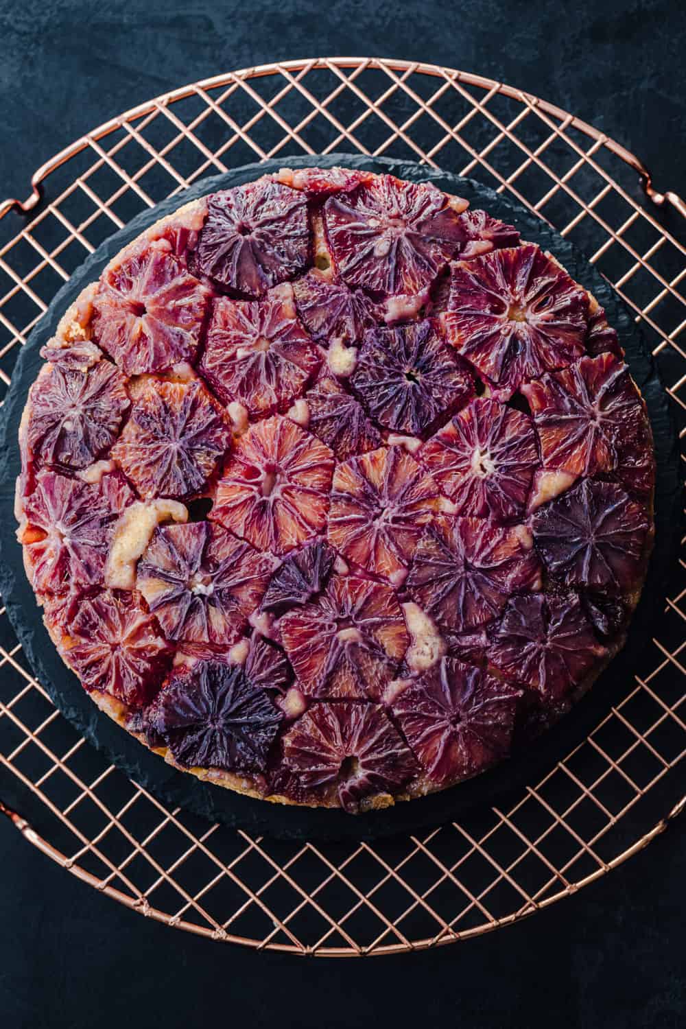 Overhead shot of the upside-down citrus cake, made entirely with blood oranges.