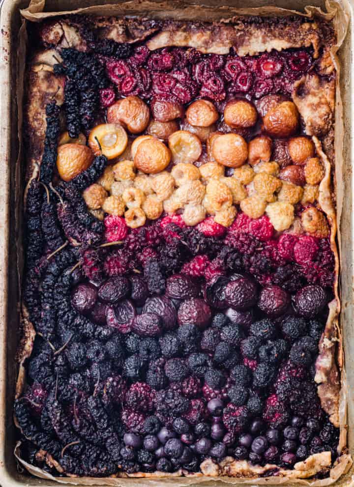 berry glatte - post oven! Overhead shot of a very colorful mixed berry galette.