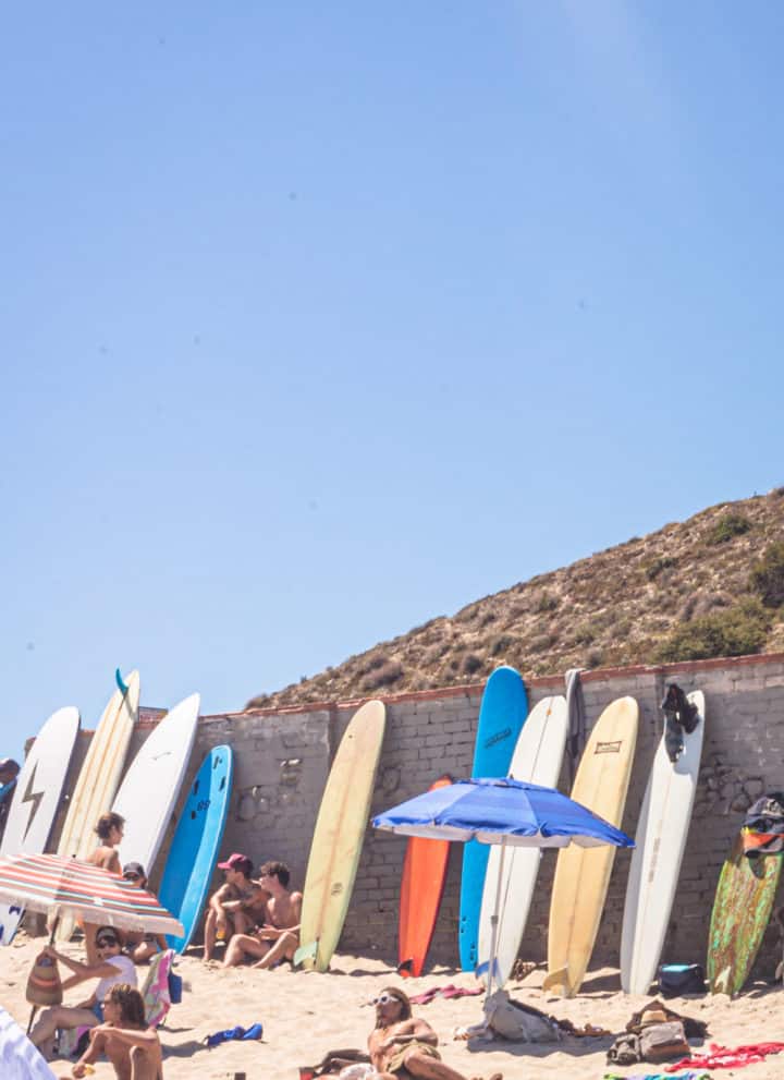 Surfers on the beach in LA! surfers enjoying a sunny day on the beach in LA with a bunch of surfboards in the frame.