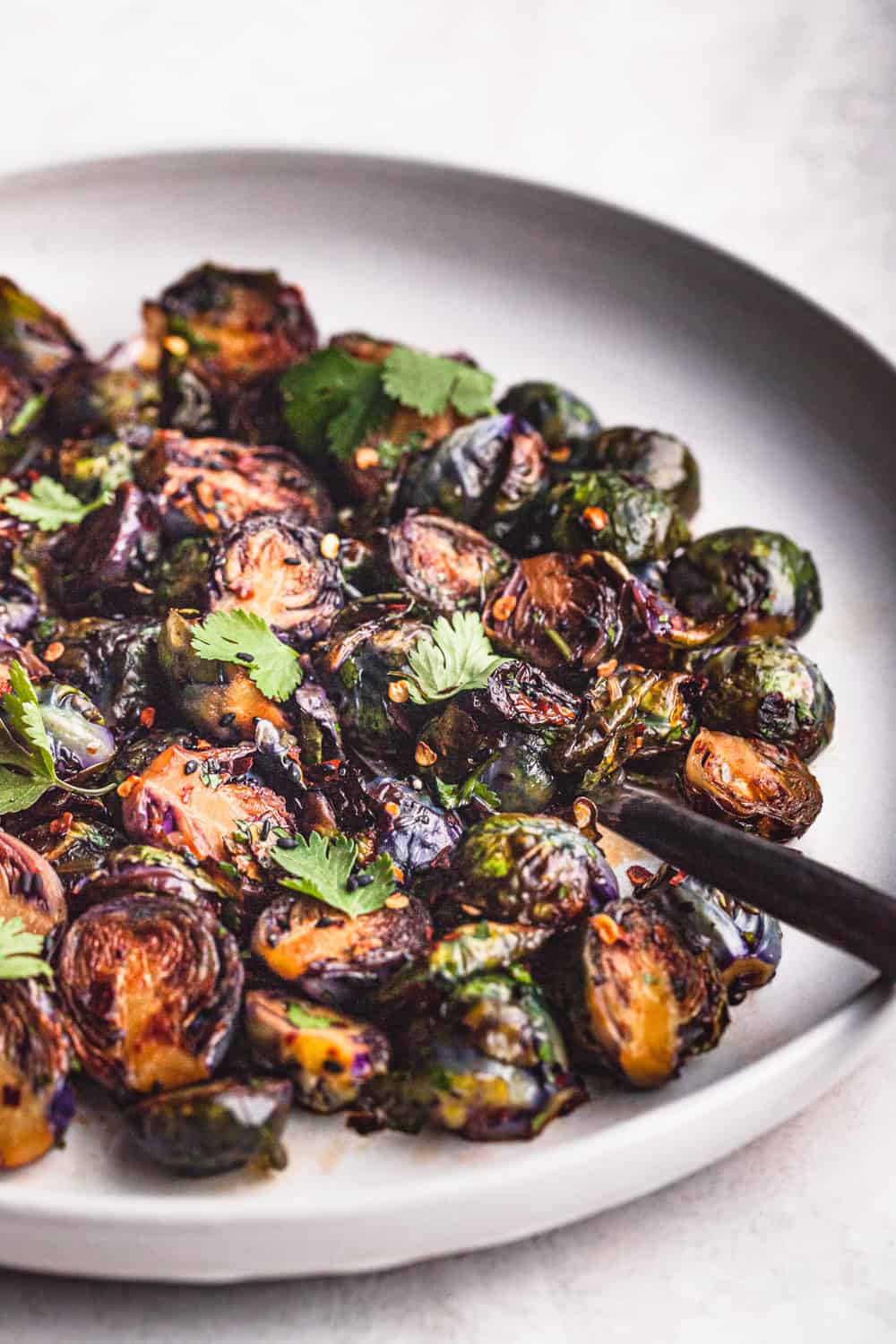 Sautéed Purple Brussel Sprouts with a sweet and sour sauce, sesame seeds and cilantro; on a white plate, side angle shot, light background.