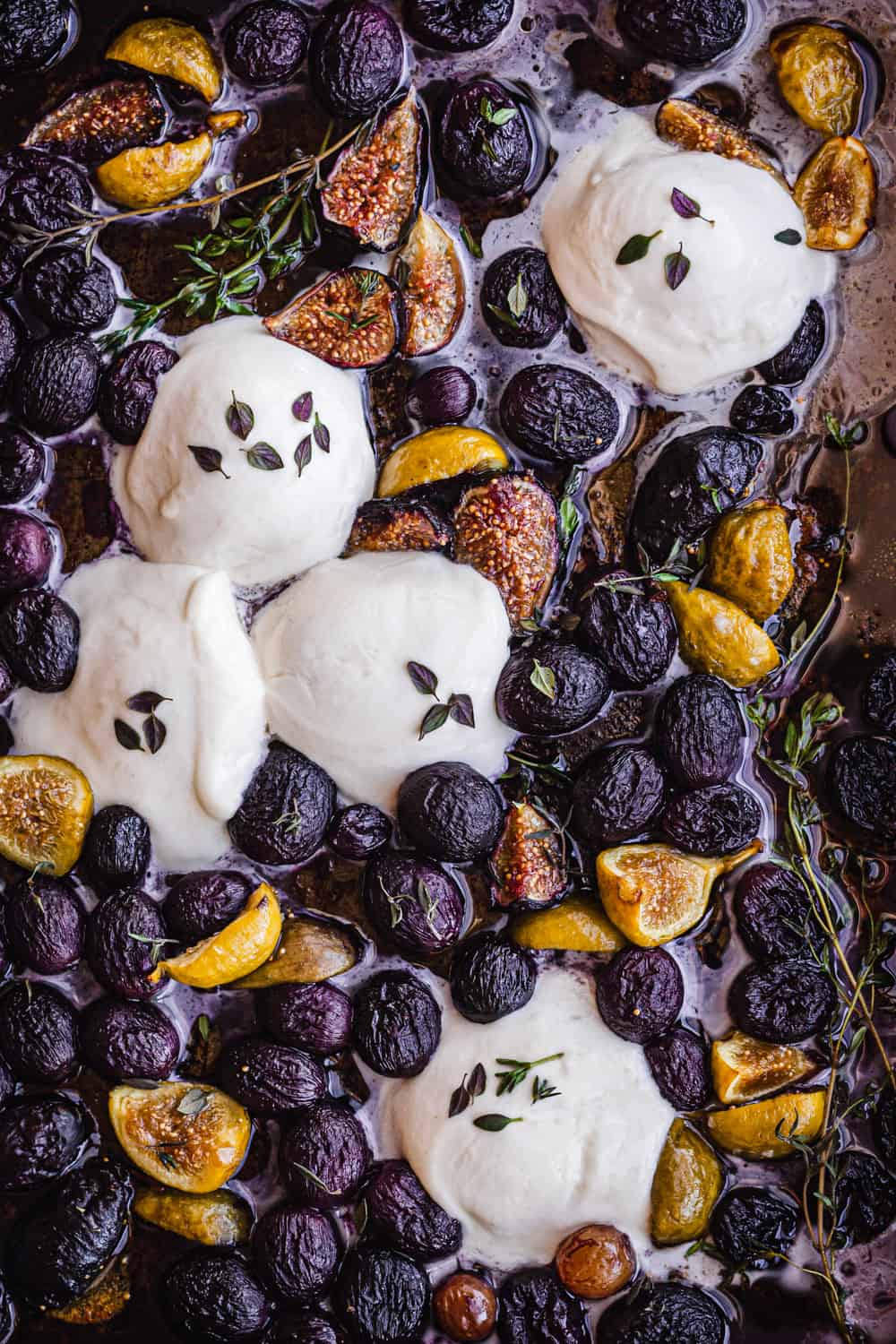 balsamic roasted grapes and figs topped with burrata and thyme