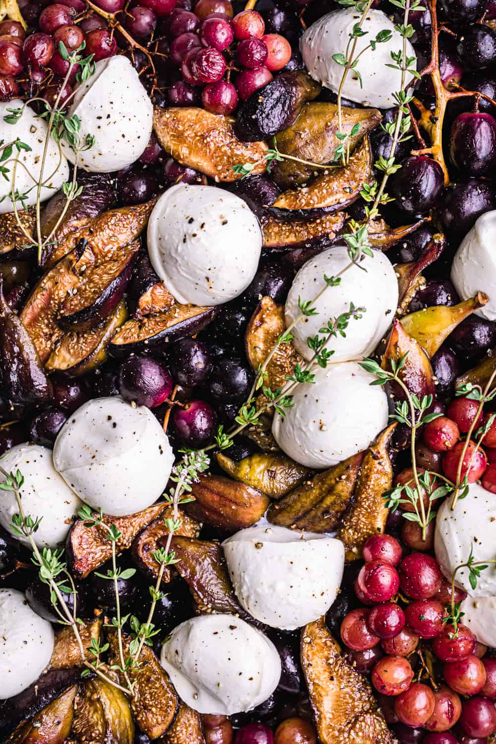 balsamic roasted grape and figs topped with mozzarella and thyme