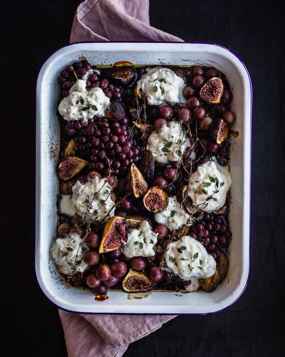 balsamic roasted grapes and figs with burrata; post oven and overhead shot