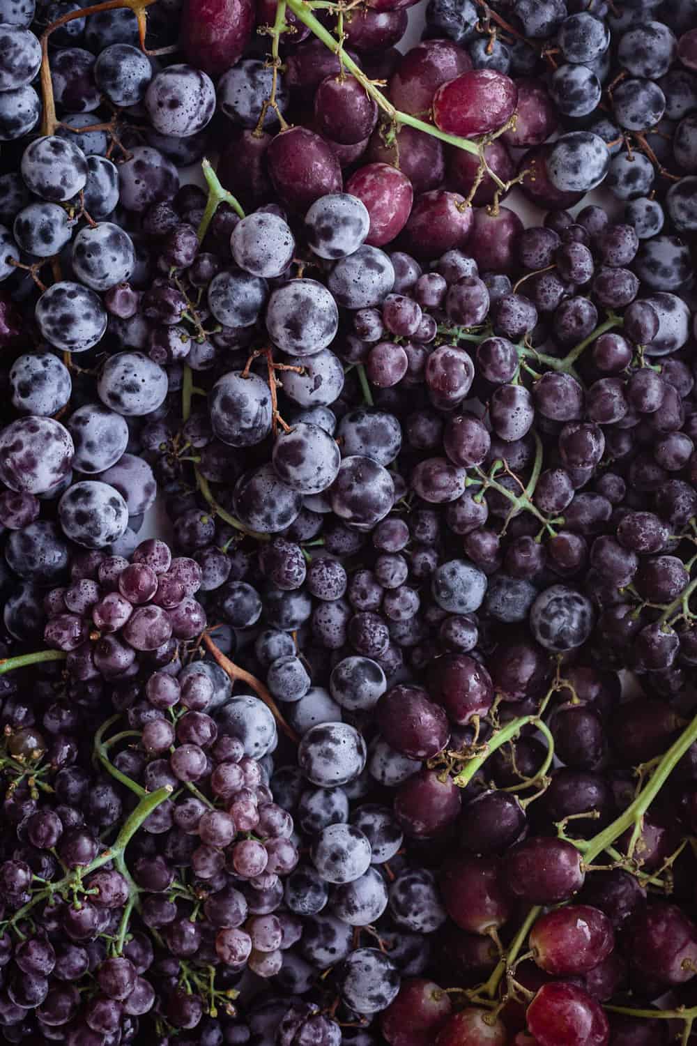 overhead shot of purple and red grapes
