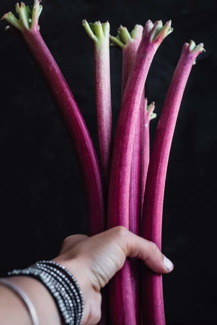 Daniela Gerson's hand holding hot pink stalks of rhubarb.