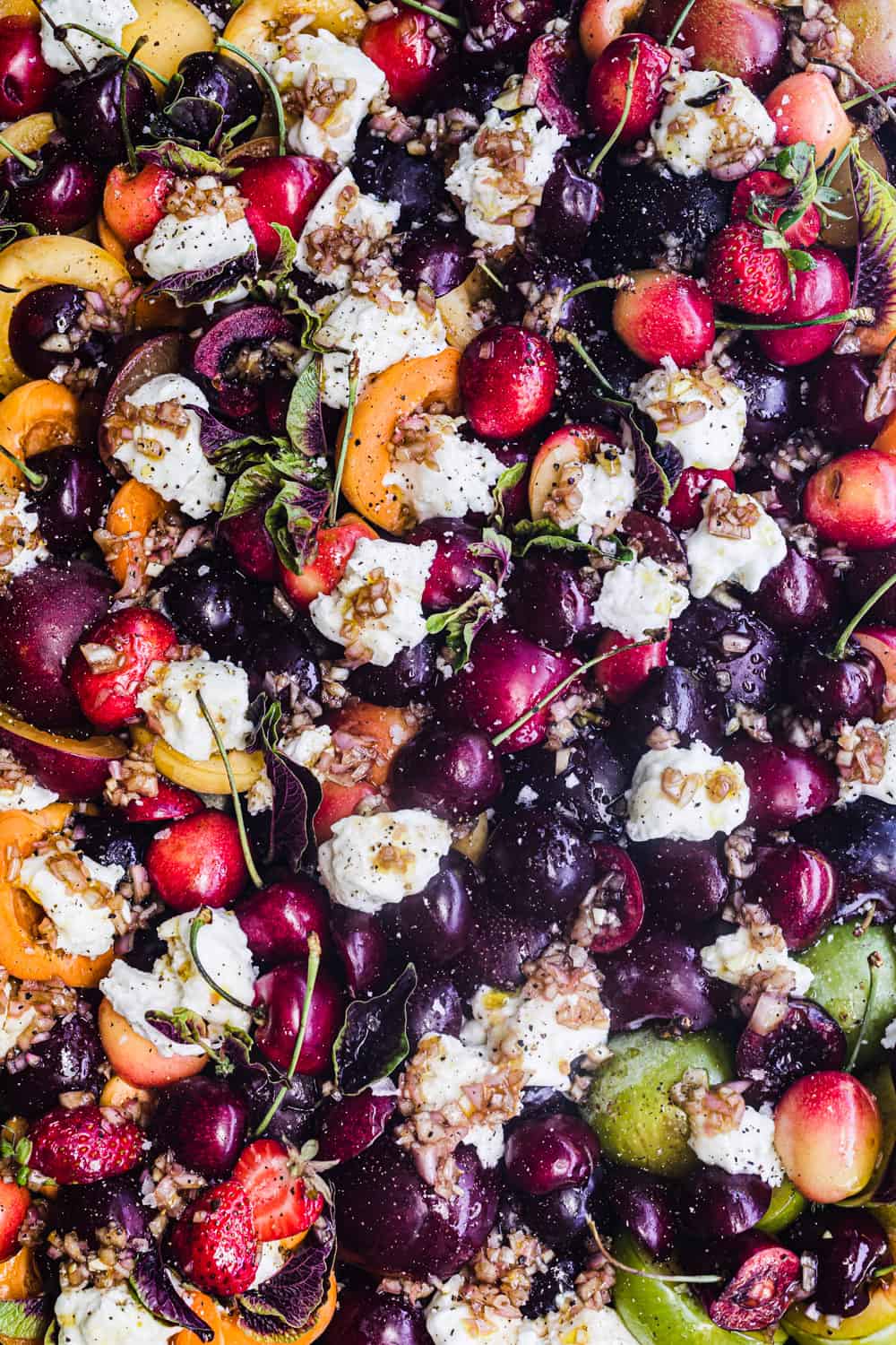 stone fruit and burrata salad; with peaches, cherries, plums and more; overhead shot.