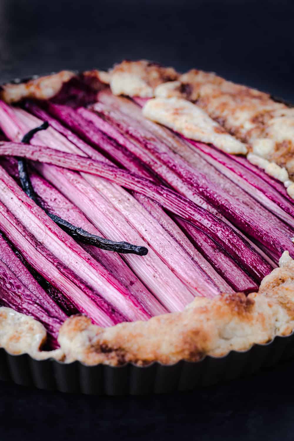 Rhubarb galette up close and side angle shot; can really see the texture of the vibrant pink rhubarb stalks.