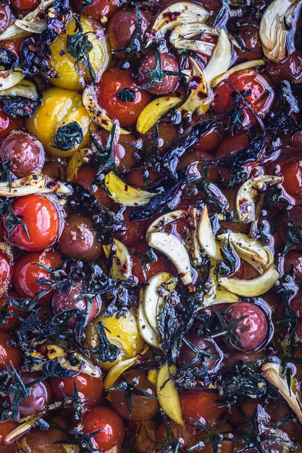 cherry tomato confit with basil in olive oil