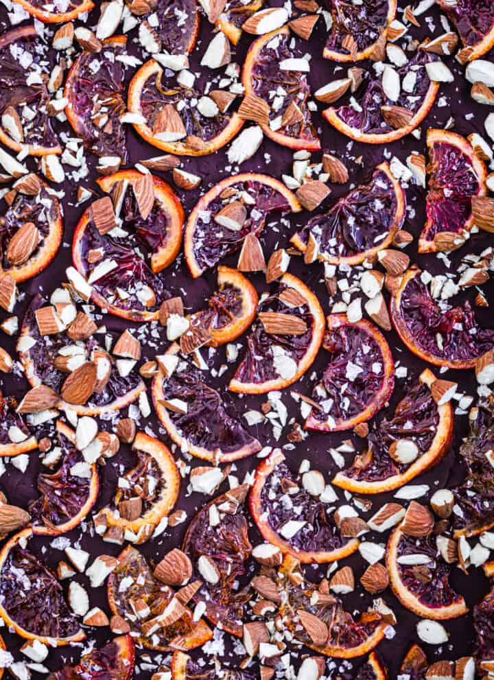 Chocolate Bark with candied citrus, almonds and flaky sea salt.