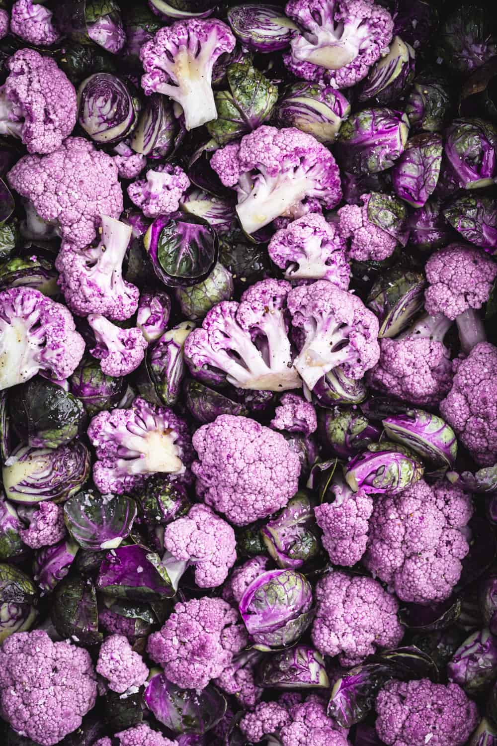 purple cauliflower florets and purple Brussel sprouts