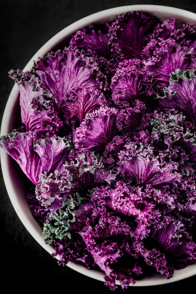 fresh purple kale leaves in white bowl on dark background
