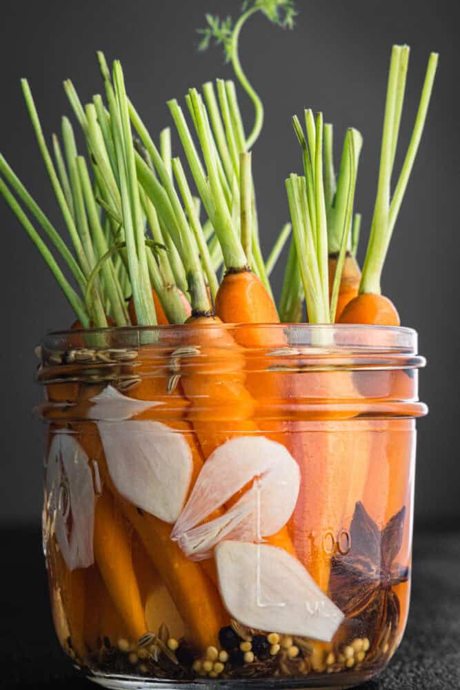 Pickled carrots with green tops in a glass jar with sliced garlic, star anise, mustard seeds, cumin seeds, and fennel seeds, on dark grey background, close-up side angle