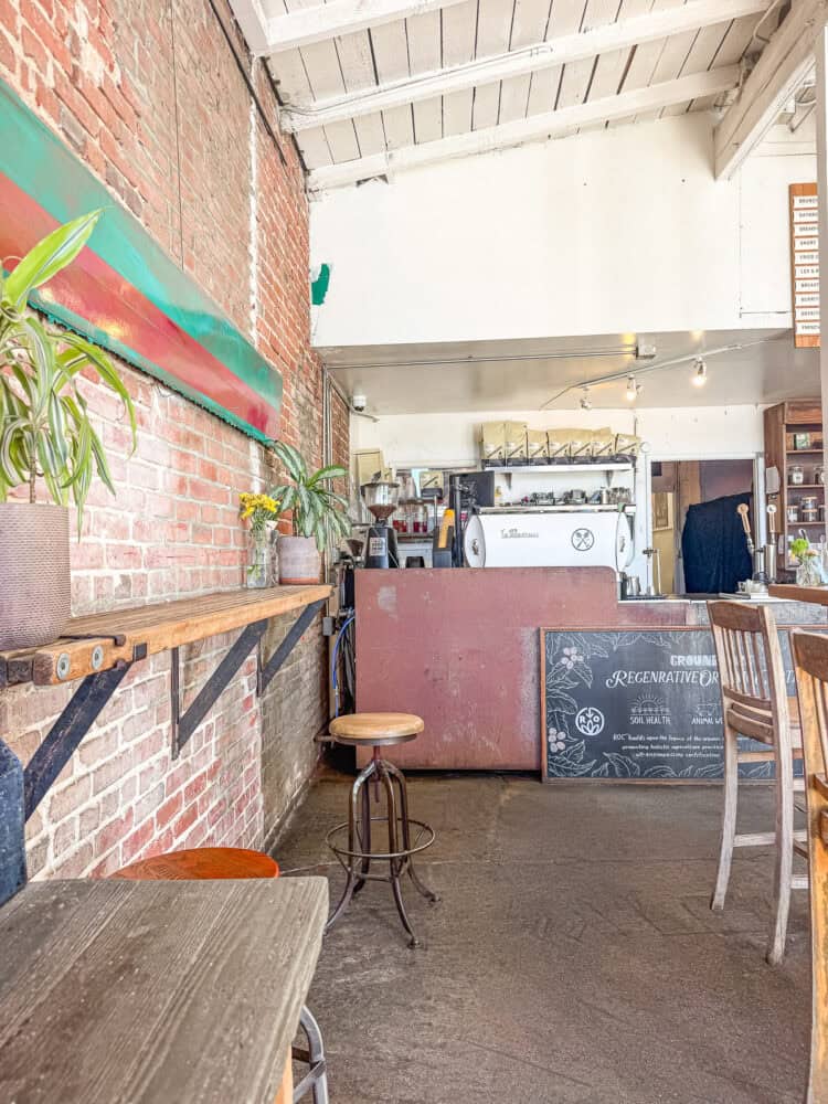Interior of Groundwork Coffee in Venice Beach, showing exposed brick walls, wooden bar seating, plants, and an espresso machine behind the counter.